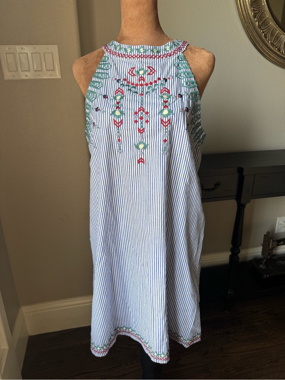 THML NWT Embroidered Blue White Stripe Halter Swing Dress Large Cotton